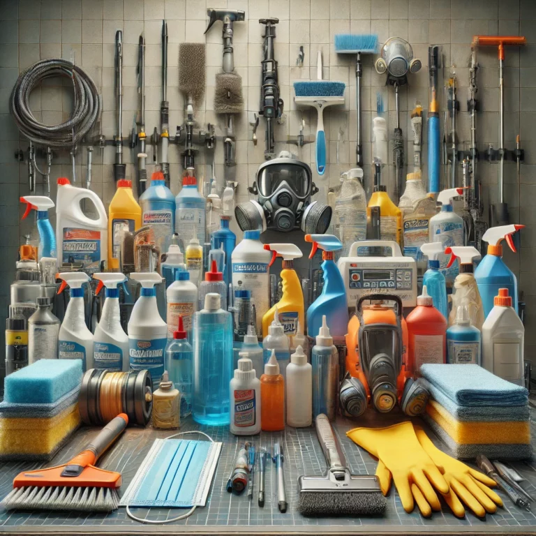Illustration présentant les équipements et produits de nettoyage spécialisés utilisés dans les interventions de nettoyage extrême.