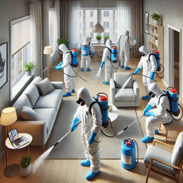 Illustration d’une équipe de nettoyage en action désinfectant les surfaces d’un appartement.