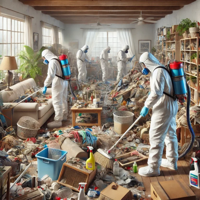 Illustration d'une équipe de nettoyage effectuant le tri et l'enlèvement d'objets dans un appartement en situation de Diogène.