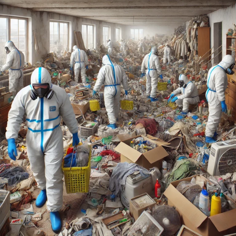 Des agents de nettoyage en équipement de protection triant et enlevant des objets accumulés dans un appartement en situation de Diogène.