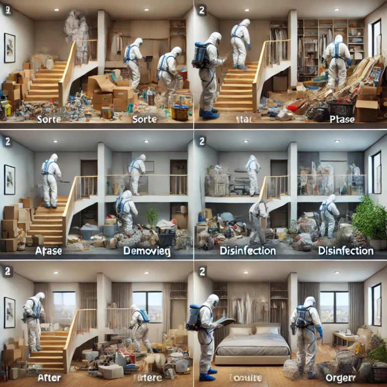 Illustration d’un processus détaillé pour le nettoyage d’un logement en situation de Diogène, étape par étape.