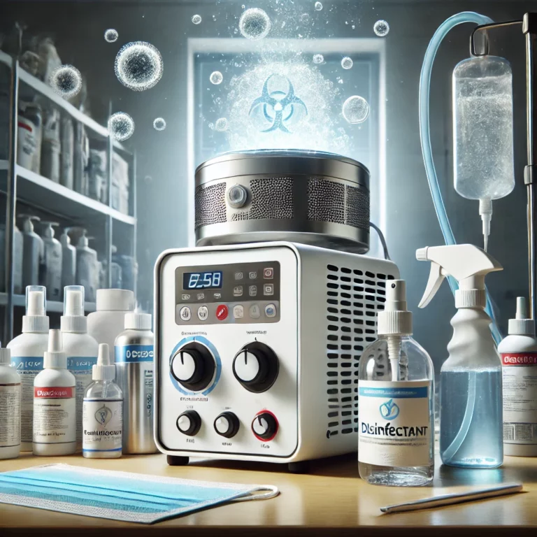 Illustration d’un générateur d'ozone et de produits désinfectants utilisés pour la décontamination et l'élimination des agents pathogènes.