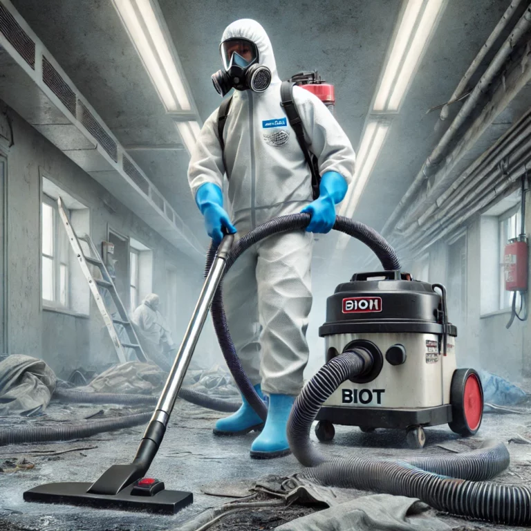 Illustration montrant des agents de nettoyage à Biot, en tenue de protection, utilisant un aspirateur industriel dans un environnement insalubre.