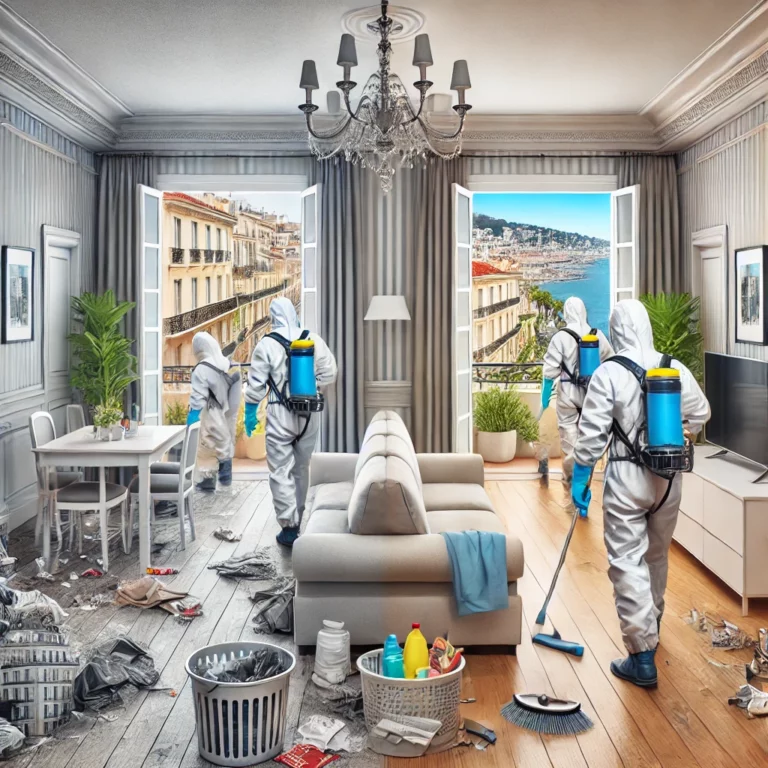 Illustration d'une équipe de nettoyage effectuant un débarras et un nettoyage en profondeur dans un appartement à Cannes, avec une transformation visible avant et après.