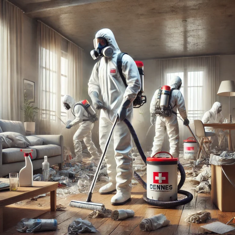 Illustration d'une équipe de nettoyage en tenue de protection, nettoyant un appartement insalubre à Cannes avec des outils professionnels.