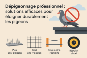 Infographie illustrant différentes méthodes de dépigeonnage : pics, filet, fils électro-répulsifs et répulsif visuel
