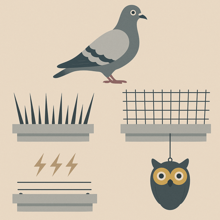 Illustration réaliste d’un toit d’immeuble équipé de pics et de filets anti-pigeons