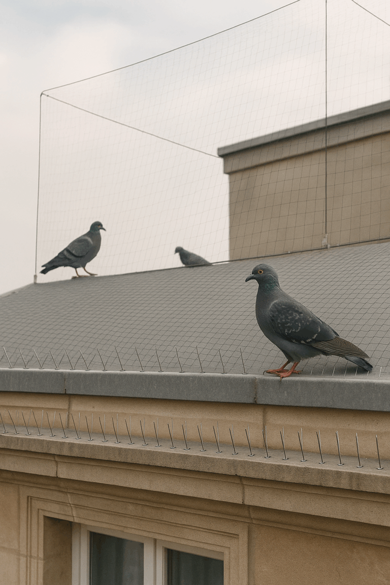 Photo réaliste d’un immeuble avec filet et pics inox pour empêcher l’installation des pigeons