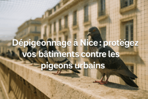 Groupe de pigeons posés sur une corniche d’immeuble en pierre beige dans un environnement urbain