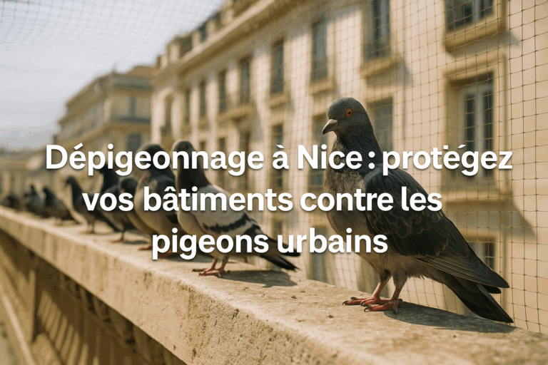 Groupe de pigeons posés sur une corniche d’immeuble en pierre beige dans un environnement urbain