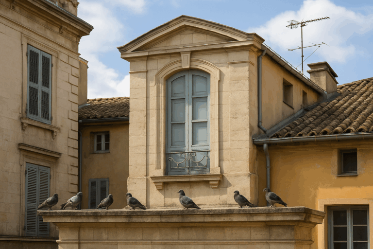 Pigeons regroupés sur un rebord de toit typique en pierre beige à Nice, devant une façade ancienne