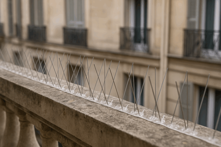 Barrière de pics dissuasifs fixés sur une corniche d’immeuble haussmannien à Nice