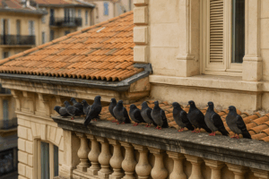 Pigeons regroupés sur la rambarde d’un balcon dans un immeuble de Cagnes-sur-Mer