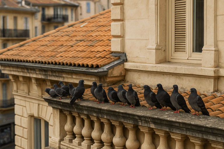 Pigeons regroupés sur la rambarde d’un balcon dans un immeuble de Cagnes-sur-Mer