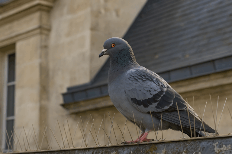 Pigeon isolé posé sur le rebord d’un toit en tuiles dans une zone résidentielle