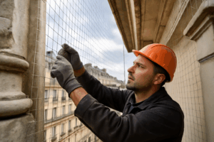 Technicien en hauteur posant un filet de protection contre les pigeons sur une façade en pierre