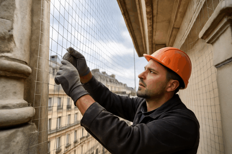 Technicien en hauteur posant un filet de protection contre les pigeons sur une façade en pierre