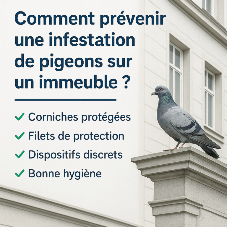 Vue réaliste d’un bâtiment équipé de filets et pics discrets pour éviter l’installation de pigeons