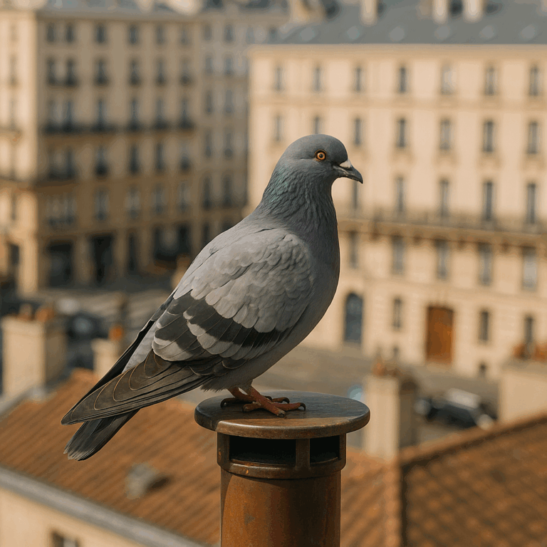 Pigeon posé sur une fenêtre d’immeuble ancien, illustrant un risque d’installation durable