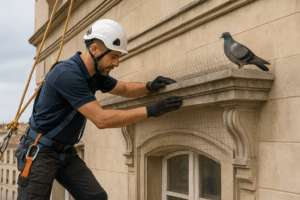 Technicien en sécurité installant un dispositif anti-pigeons sur la façade d’un bâtiment urbain