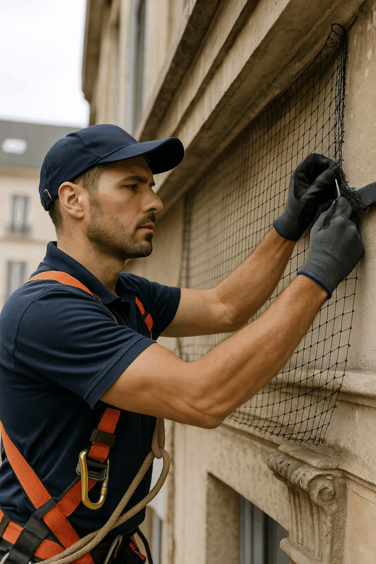 Agent de dépigeonnage en tenue de sécurité observant les signes d’infestation sur un immeuble