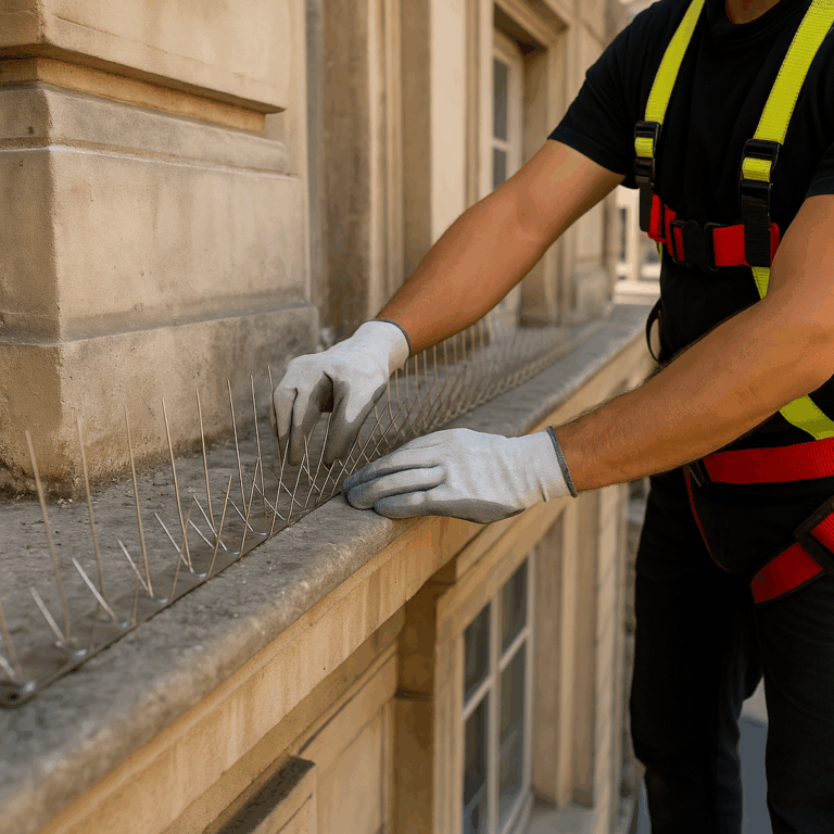 Travailleur en hauteur posant un filet anti-pigeons le long d’une façade d’immeuble