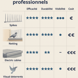 Illustration comparative des dispositifs anti-pigeons incluant pics, filets, câbles et répulsifs visuels