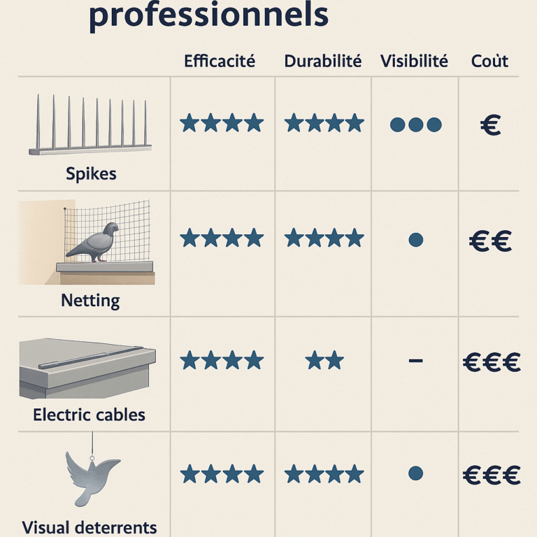 Illustration comparative des dispositifs anti-pigeons incluant pics, filets, câbles et répulsifs visuels