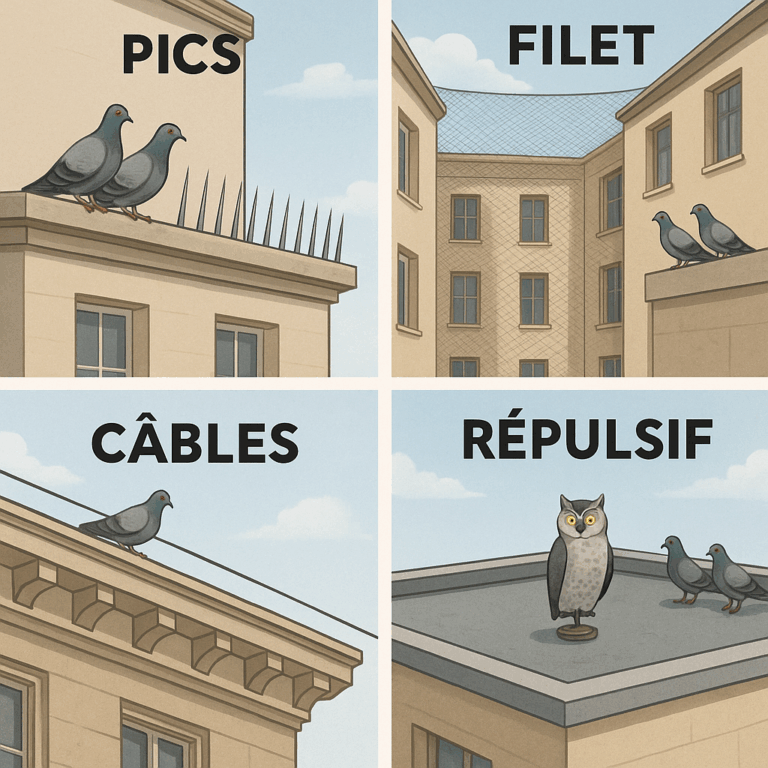 Illustration comparative de quatre types de pics anti-pigeons utilisés en milieu urbain