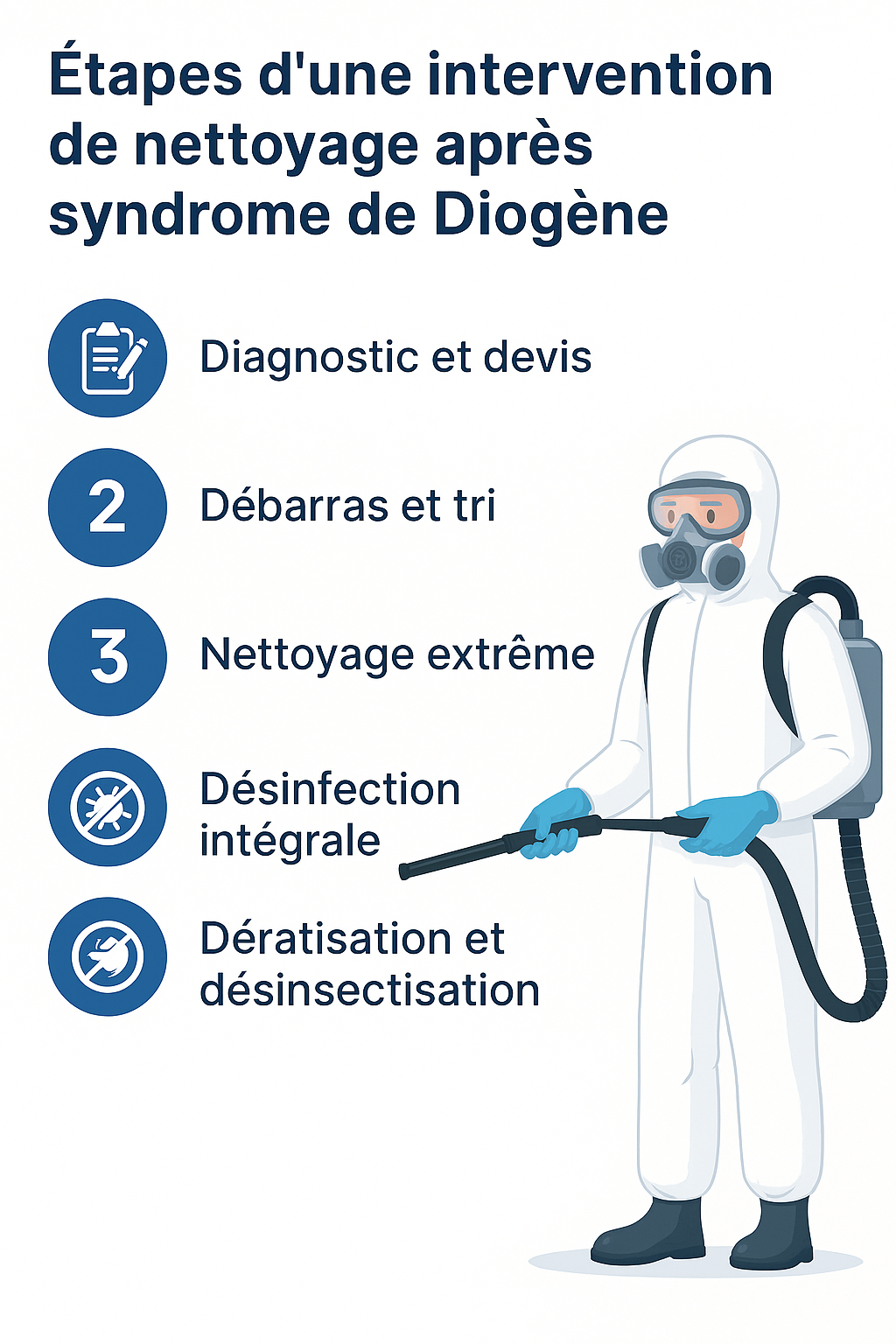 Infographie en français listant les étapes d’une intervention de nettoyage après un syndrome de Diogène
