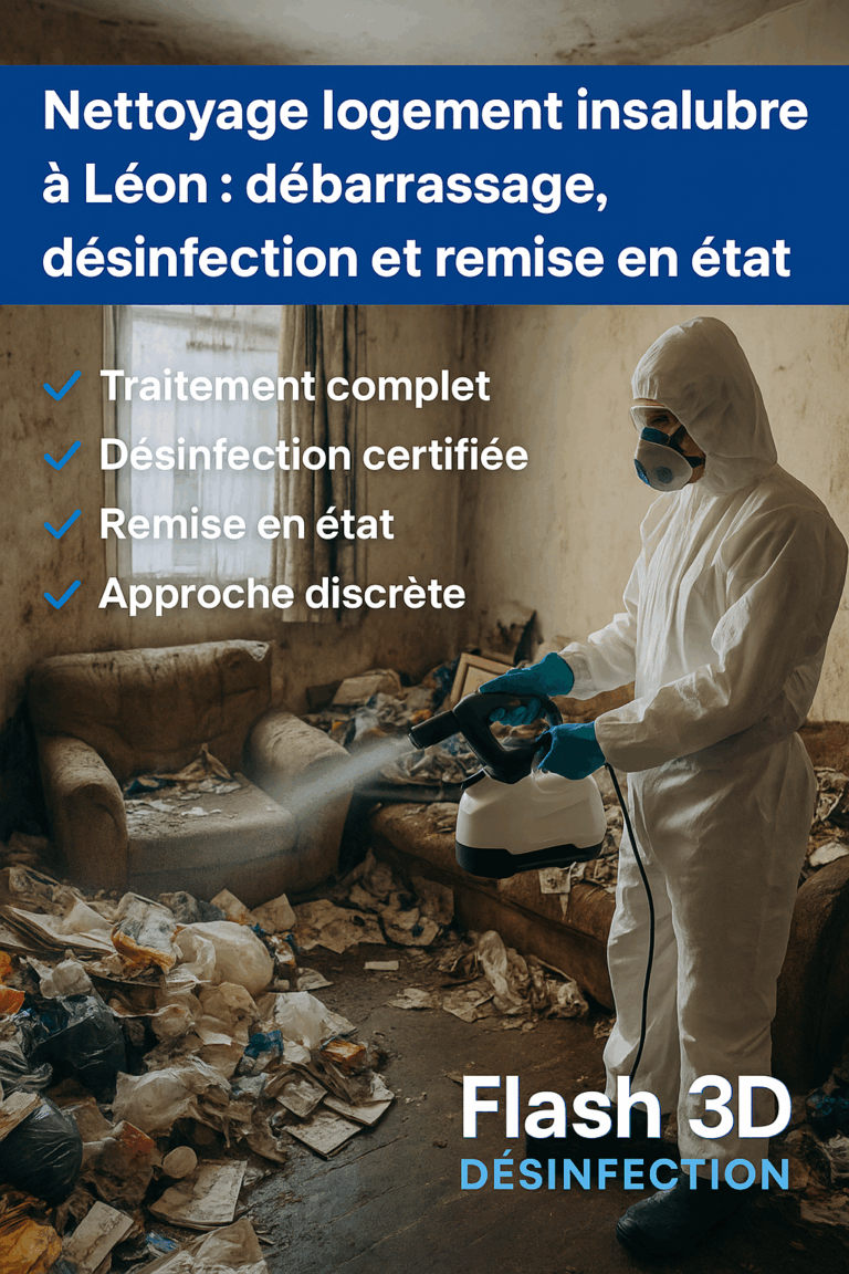 Technicien en combinaison intégrale procédant au nettoyage d’un logement insalubre à Léon