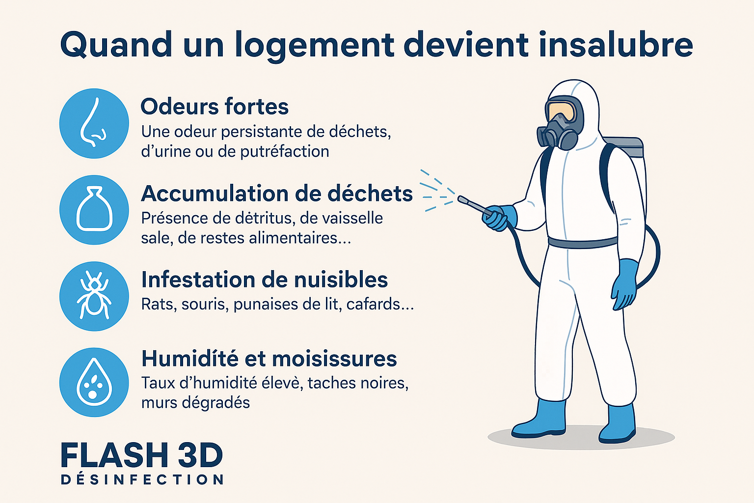infographie en français listant les signes d’un logement insalubre : odeurs, déchets, moisissures, nuisibles