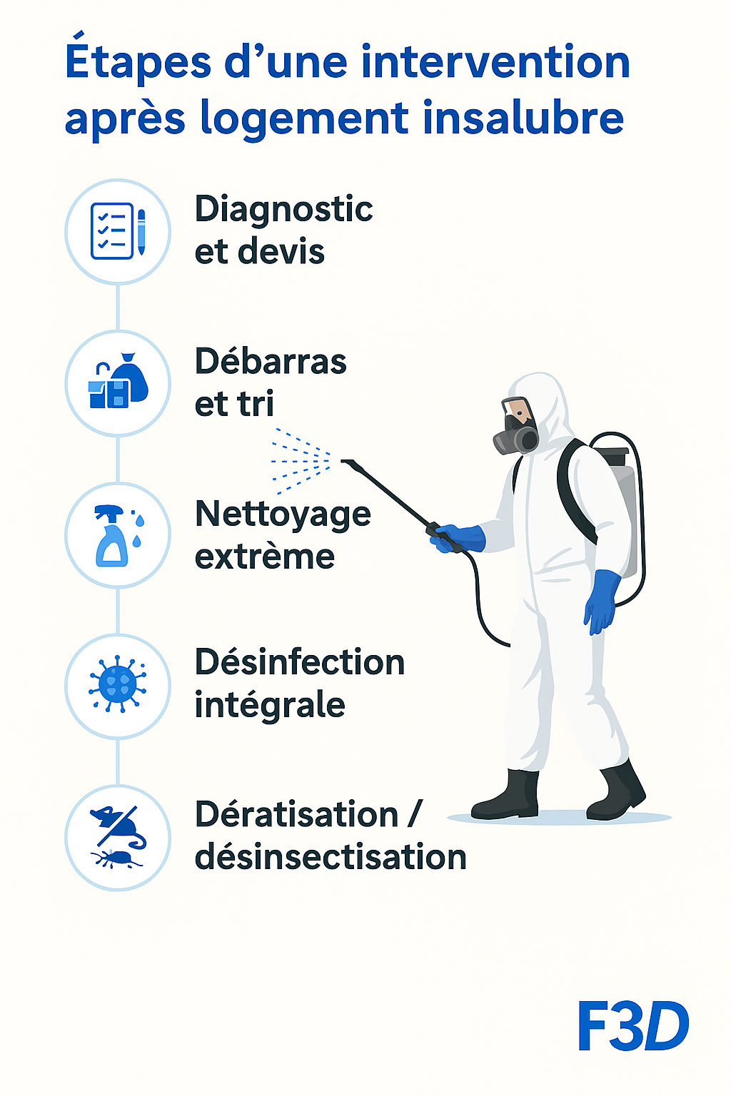 Infographie décrivant les étapes du nettoyage d’un logement insalubre : évaluation, débarras, nettoyage, désinfection, dératisation
