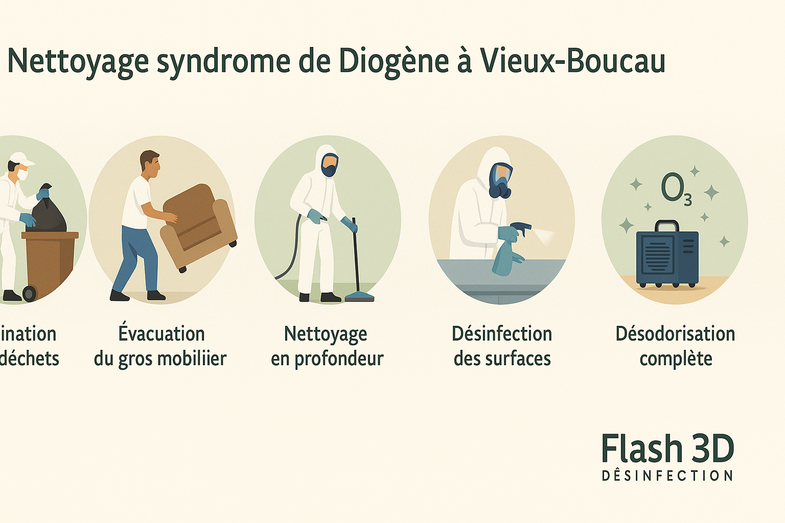 Infographie illustrant le processus de désinfection d’un logement après syndrome de Diogène à Vieux-Boucau-les-Bains