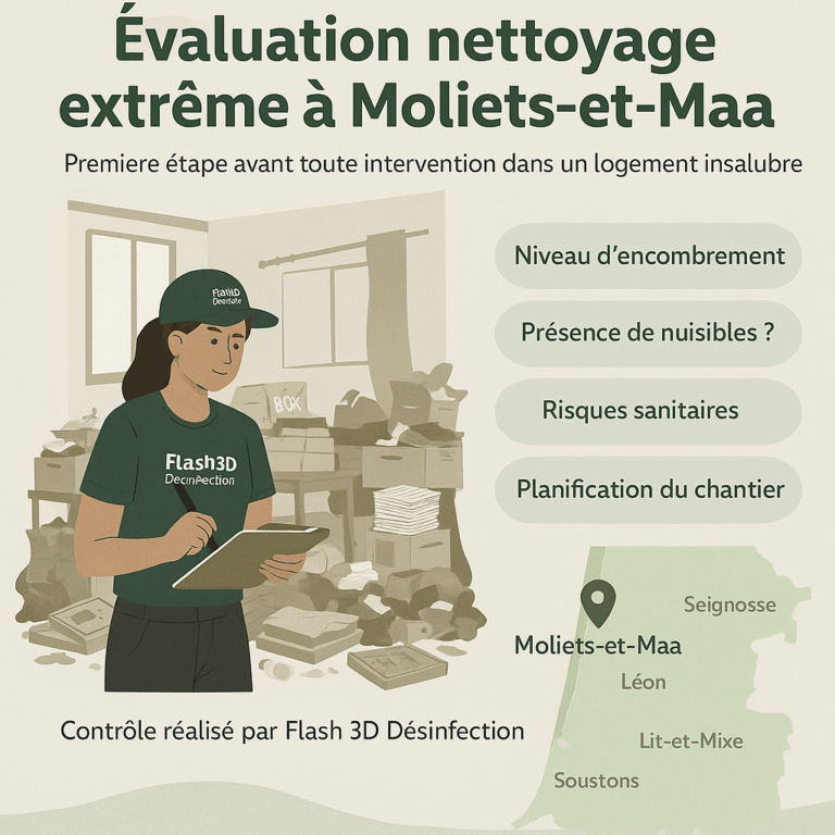 Un professionnel en combinaison effectue un nettoyage extrême dans une maison insalubre à Moliets-et-Maa