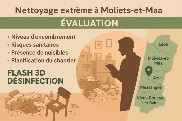 Infographie expliquant les étapes d’un nettoyage extrême après syndrome de Diogène dans les Landes