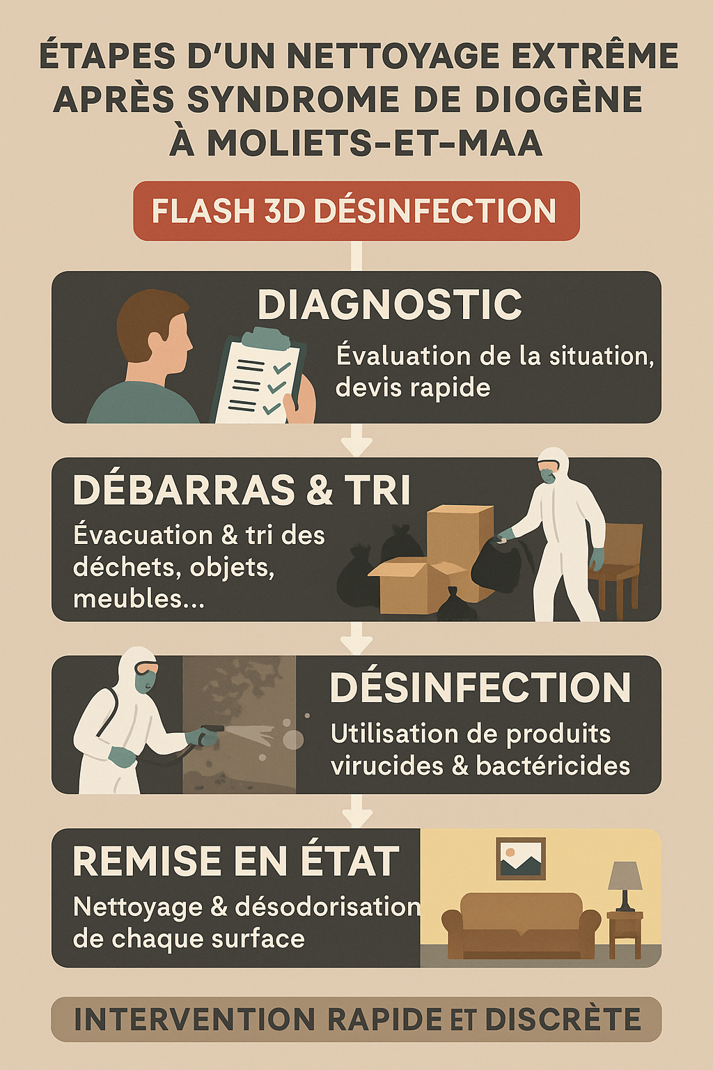 Infographie illustrant un logement avant et après nettoyage suite à un syndrome de Diogène à Moliets-et-Maa