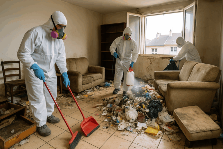 Trois professionnels nettoient un appartement insalubre à Dijon après un syndrome de Diogène