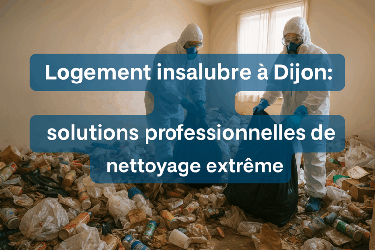 Deux agents en combinaison protègent nettoient un logement rempli de déchets à Dijon
