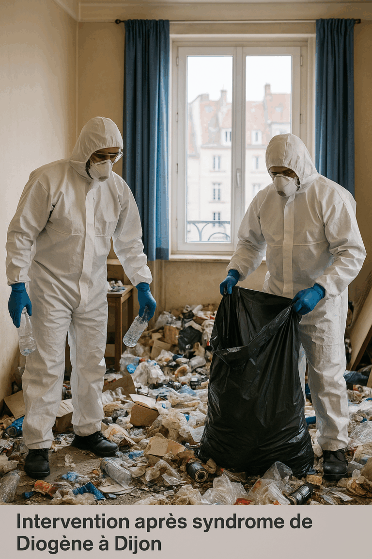 Deux agents en tenue blanche vident un logement insalubre à Dijon