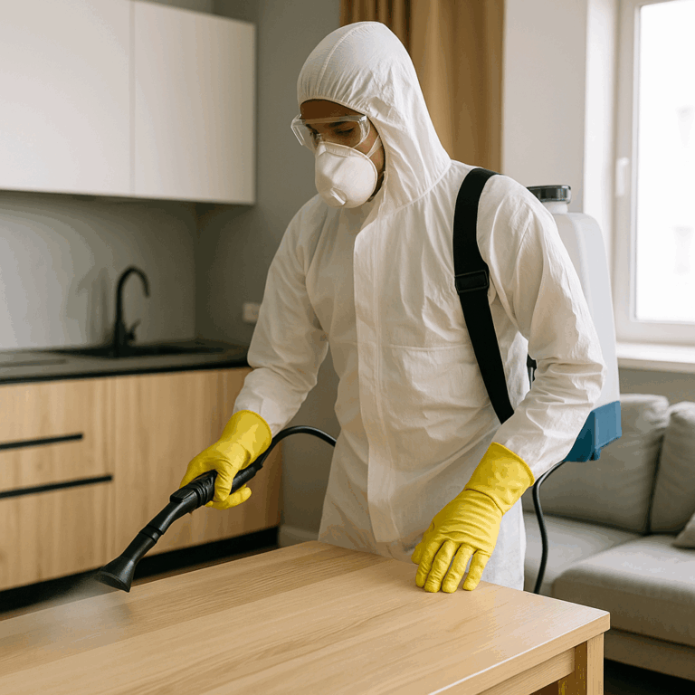Un professionnel désinfecte un plan de travail dans un appartement moderne à Dijon
