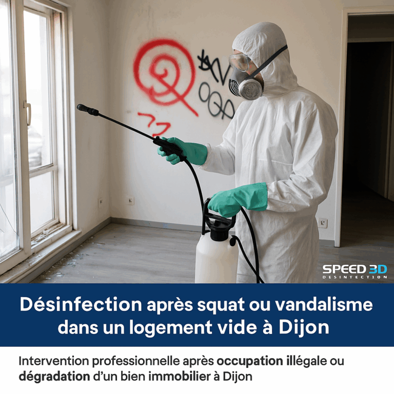 Technicien désinfectant un logement vide après squat à Dijon avec équipement complet