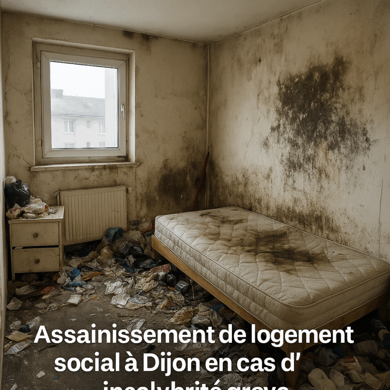 Une chambre en désordre dans un logement social à Dijon, montrant un état d’insalubrité grave avant intervention