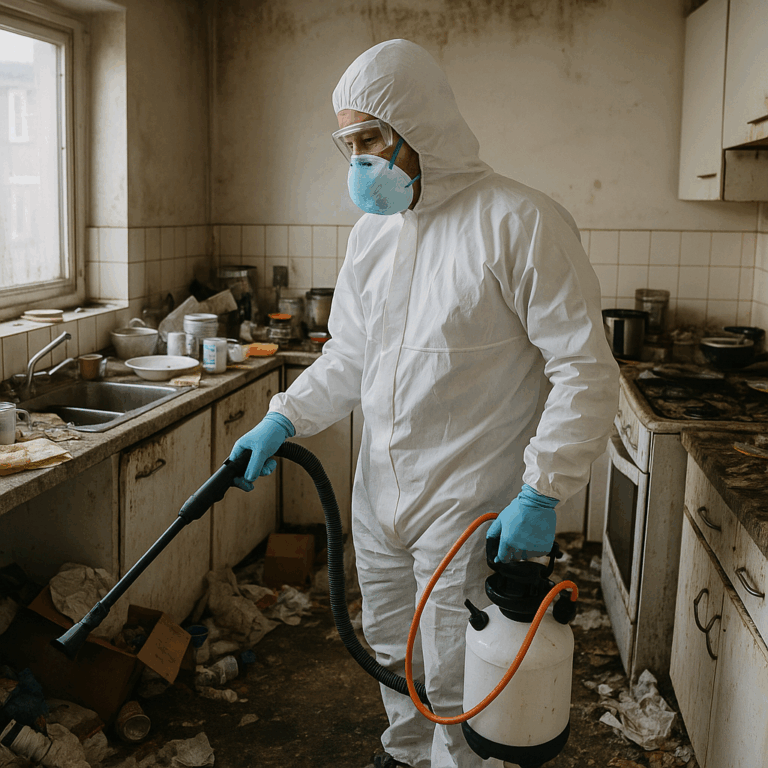 Un agent de désinfection en combinaison intégrale nettoie un sol insalubre dans un logement social à Dijon