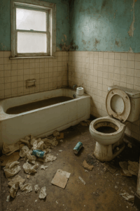 Salle de bain fortement dégradée à Dijon, avec baignoire sale, toilettes bouchées et détritus au sol