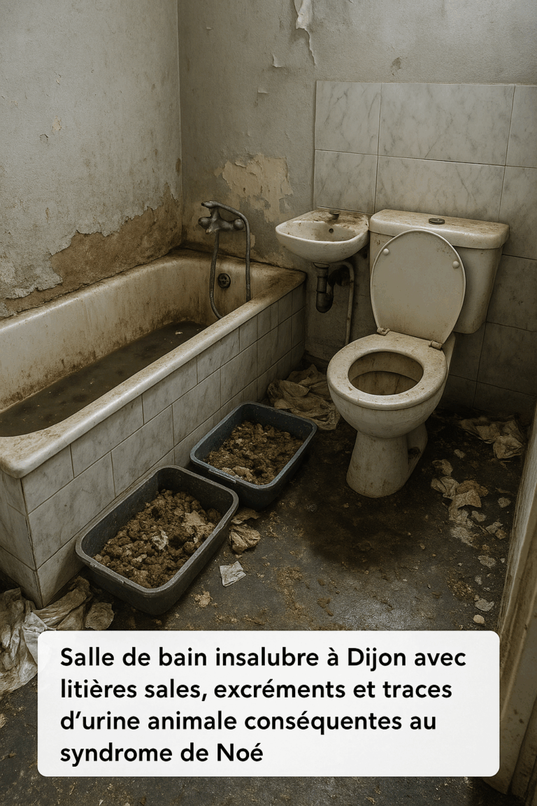 Salle de bain envahie de déchets et traces animales dans un logement à Dijon touché par le syndrome de Noé