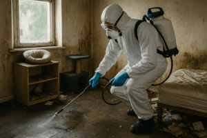 Technicien en combinaison désinfectant un sol souillé après un syndrome de Noé à Dijon