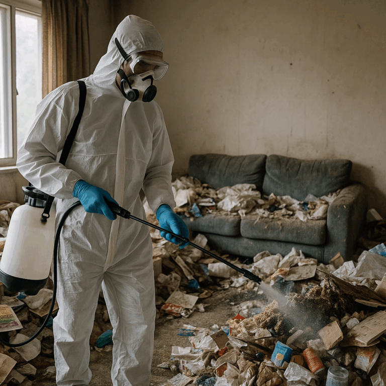 Agent de désinfection en combinaison intégrale traitant un logement rempli de déchets à Messanges