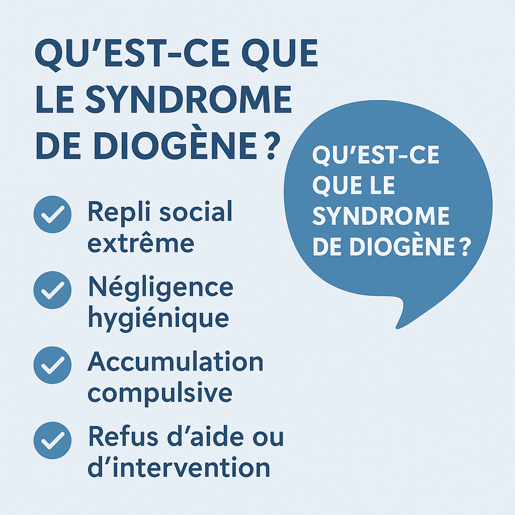 Infographie listant les quatre symptômes principaux du syndrome de Diogène en français