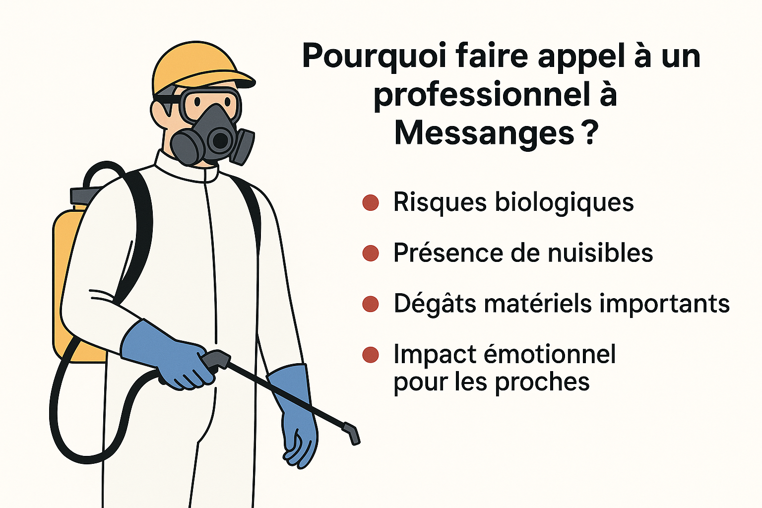 Illustration d’un professionnel en combinaison de protection avec les raisons de faire appel à un expert à Messanges